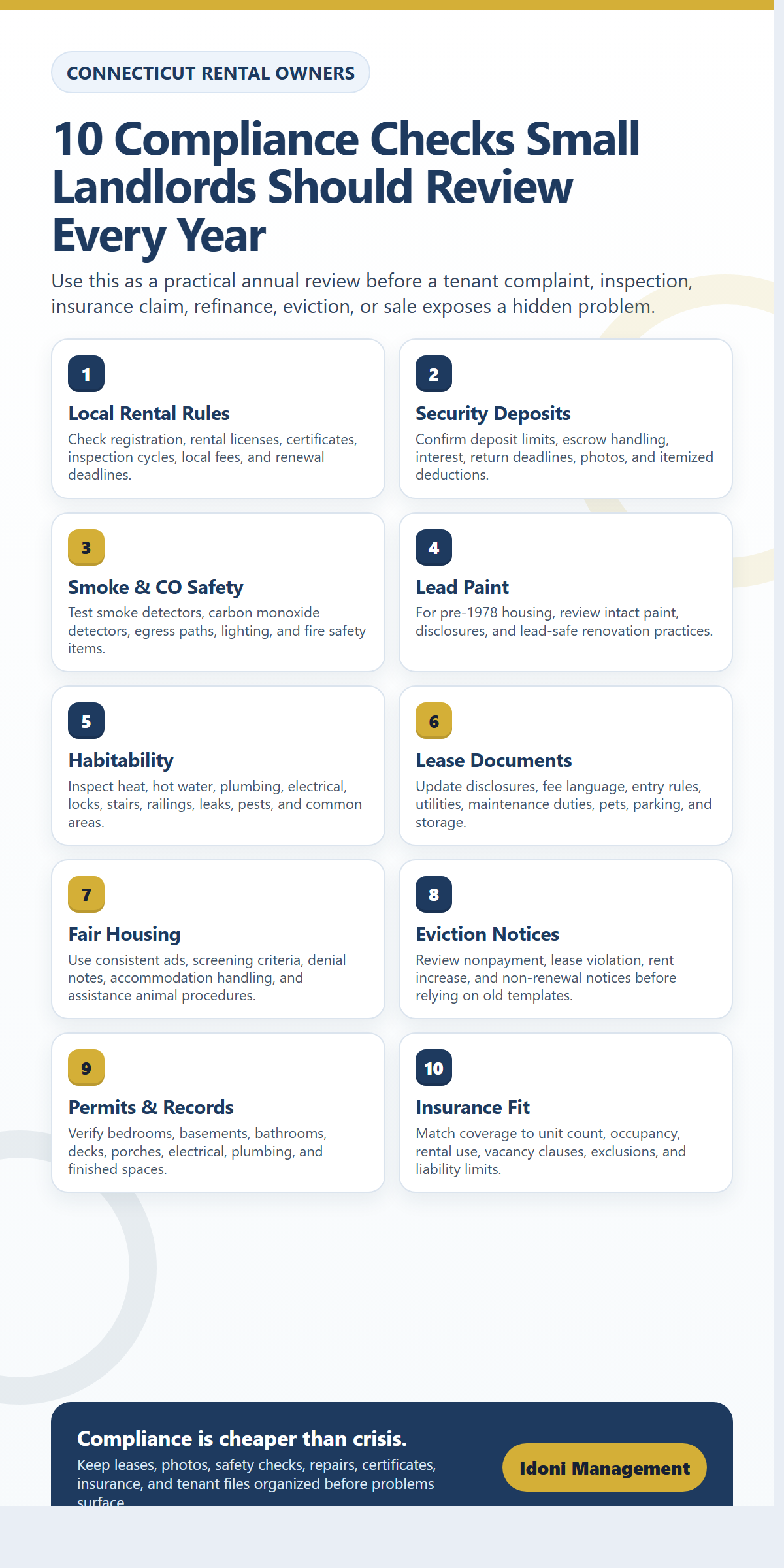 Ten-point Connecticut landlord compliance checklist covering local rules, safety, lead paint, deposits, leases, permits, and insurance.