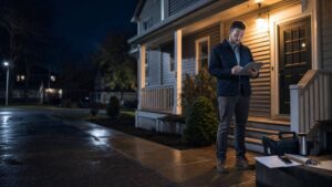 Connecticut landlord reviewing an after-hours maintenance issue outside a rental property at night.