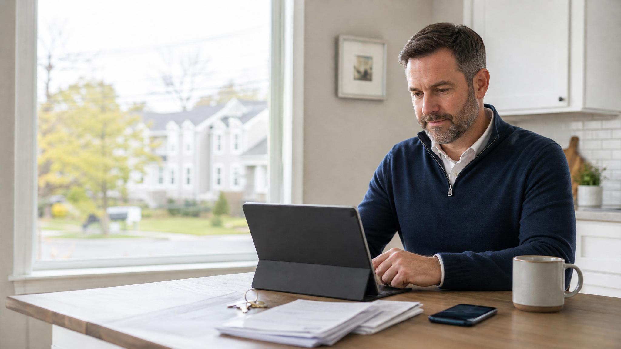 Connecticut rental owner reviewing property management visibility updates, repair invoices, and leasing activity on a laptop.