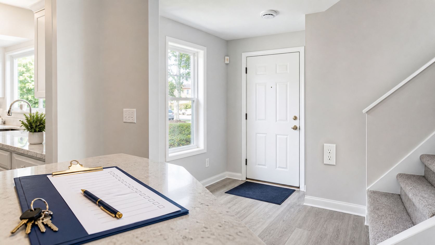 Clean Connecticut rental unit entryway with a property manager checklist, keys, smoke detector, outlet, and inspection-readiness details.