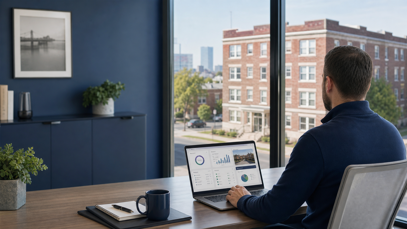 Property manager reviewing owner reporting dashboard overlooking a Bridgeport multifamily property