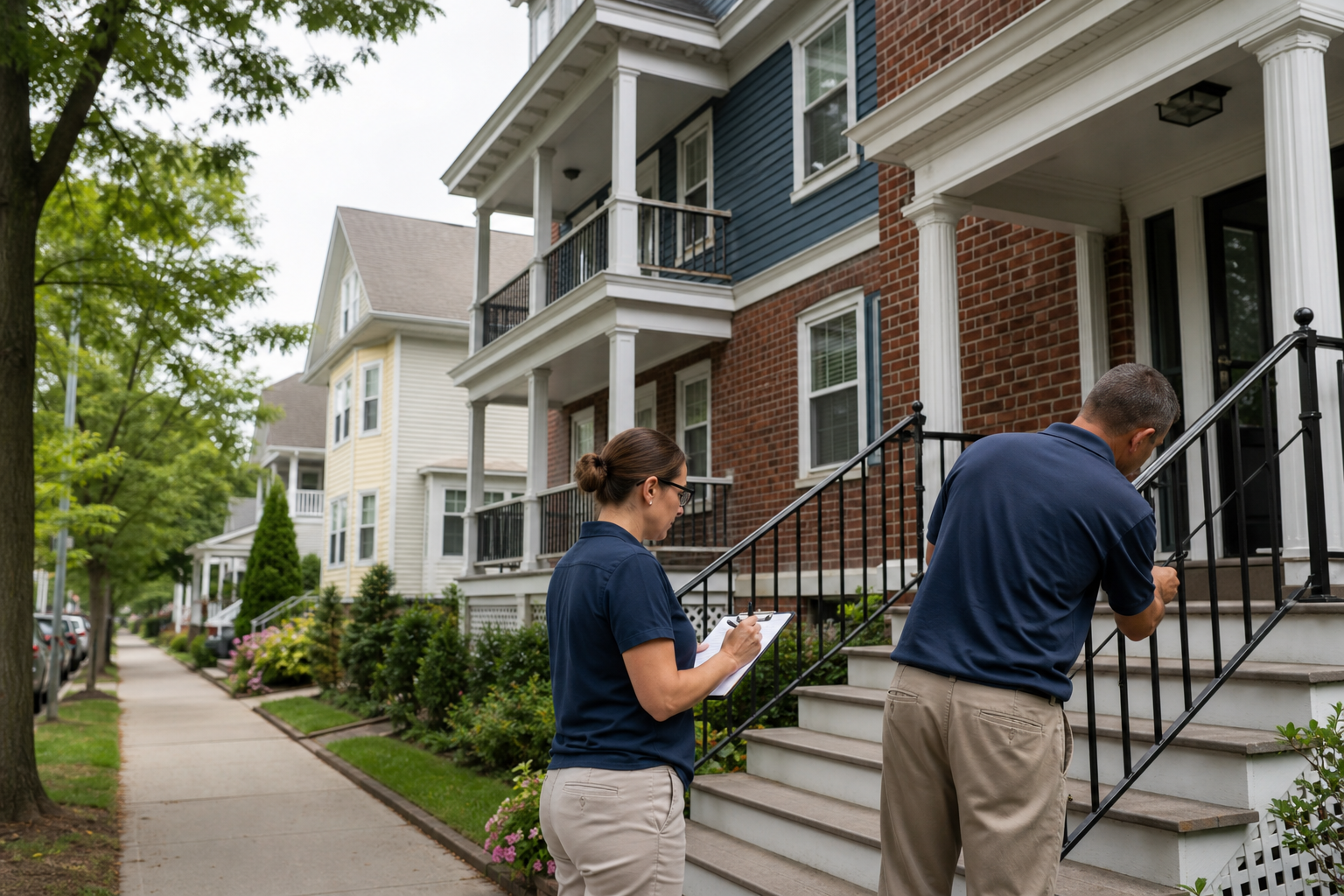 Property manager and maintenance technician inspecting a Connecticut multifamily property