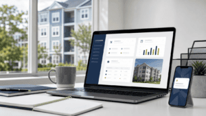 Laptop showing a property management owner update dashboard beside a phone notification, with a rental building in the background.