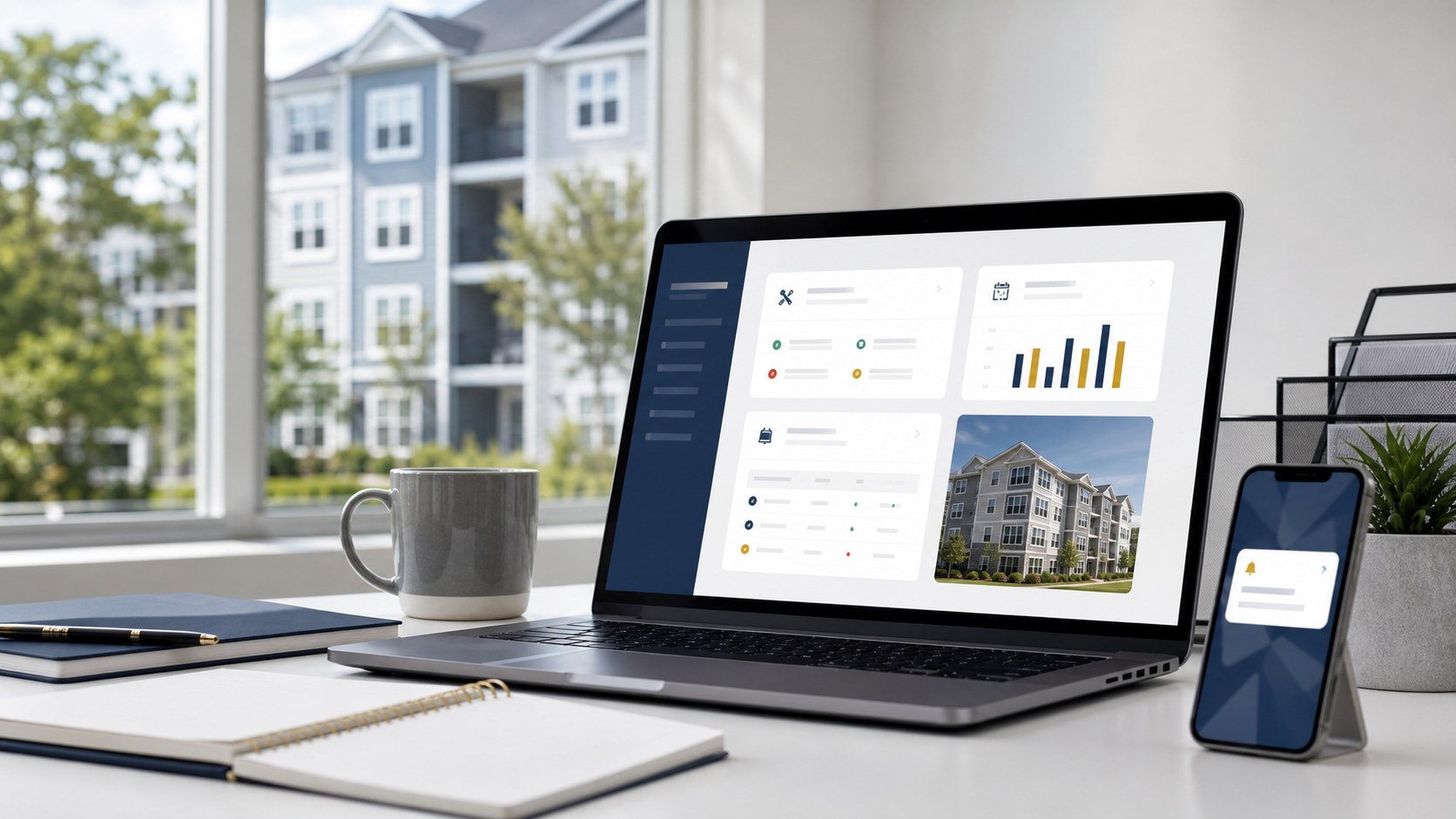 Laptop showing a property management owner update dashboard beside a phone notification, with a rental building in the background.